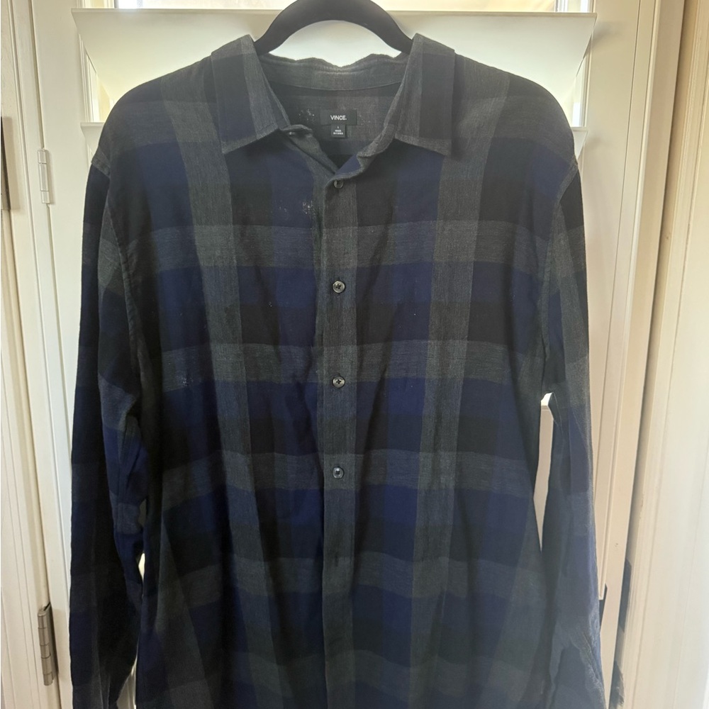 Vince Navy and Charcoal Plaid Button Down Shirt